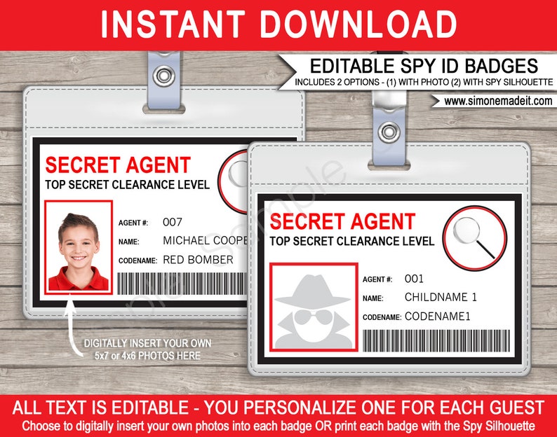 Spy Birthday Party Badge Secret Agent Badge Printable ID Badge Template INSTANT DOWNLOAD with Editable text you personalize at home image 1