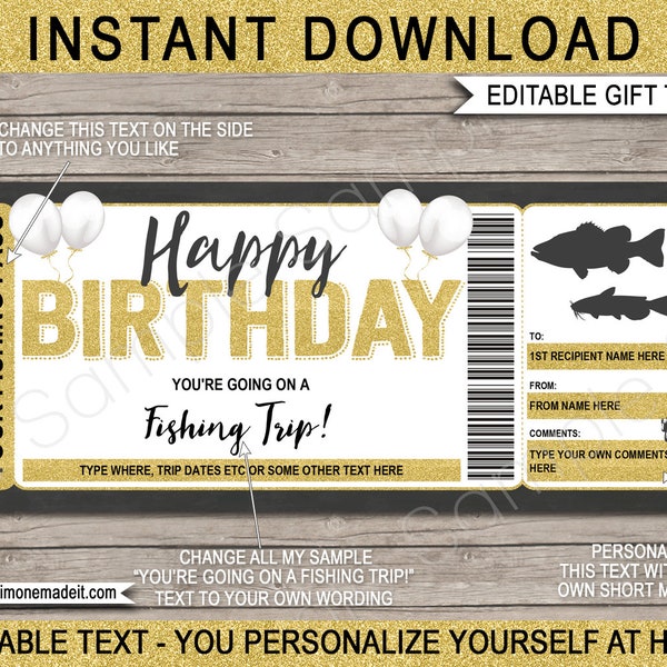 Fishing Trip Ticket Template Gift Certificate Voucher Card - Birthday Gift - Surprise Vacation Trip Reveal - DIY Coupon - EDITABLE DOWNLOAD