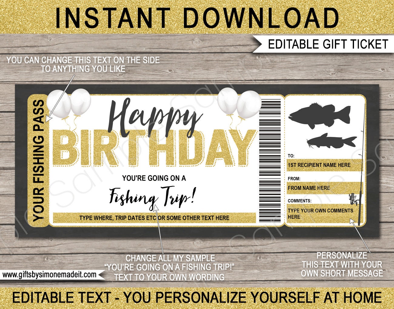 Fishing Trip Ticket Template Gift Certificate Voucher Card - Birthday Gift  - Surprise Vacation Trip Reveal - DIY Coupon - EDITABLE DOWNLOAD