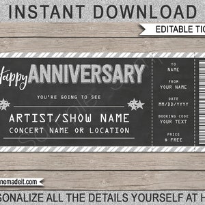 Plantilla de entrada para concierto imprimible - Cupón de certificado de vale de regalo de aniversario - Artista de banda de concierto sorpresa - DESCARGA DE TEXTO EDITABLE