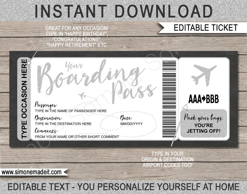 Boarding Pass Template Printable Plane Ticket Flight Voucher Coupon Surprise Trip Reveal Destination Vacation INSTANT DOWNLOAD image 1