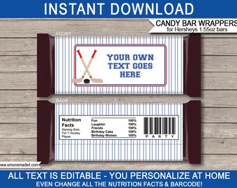 May include: Printable candy bar wrappers for Hershey's 1.55 oz bars featuring a hockey stick and puck design. The wrappers are customizable with your own text and include a nutrition facts section and a barcode. "YOUR OWN TEXT GOES HERE" is printed on the front of the wrapper.