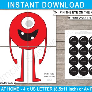 Monster Party Game Template - Pin the Eye on the Monster Printable Birthday Game - prints on 4 x Regular Pages - INSTANT DOWNLOAD