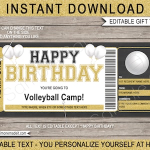 Birthday Volleyball Camp Gift Voucher Ticket Template Printable Surprise Training Camp Skills Clinic Coupon Card EDITABLE TEXT DOWNLOAD image 1