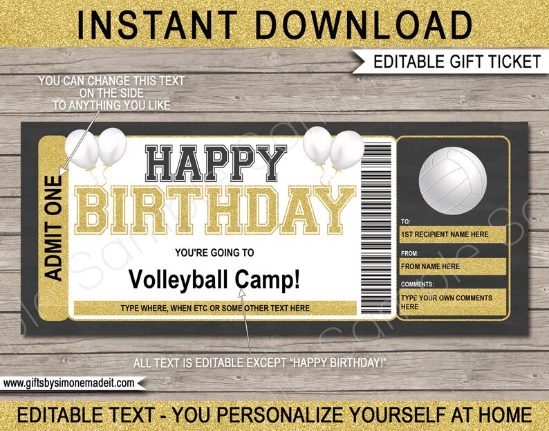Birthday Volleyball Camp Gift Voucher Ticket Template Printable Surprise Training Camp Skills Clinic Coupon Card EDITABLE TEXT DOWNLOAD image 1