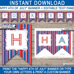 May include: Printable 4th of July banner with red, white, and blue stripes and stars. The banner says "YOU" and includes editable text panels for customizing the message.