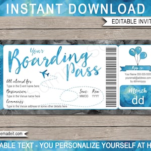 Modelo de convite de cartão de embarque - Convite para bilhete de avião para evento de festa de aniversário para impressão - DOWNLOAD INSTANTÂNEO - Texto EDITÁVEL - Azul