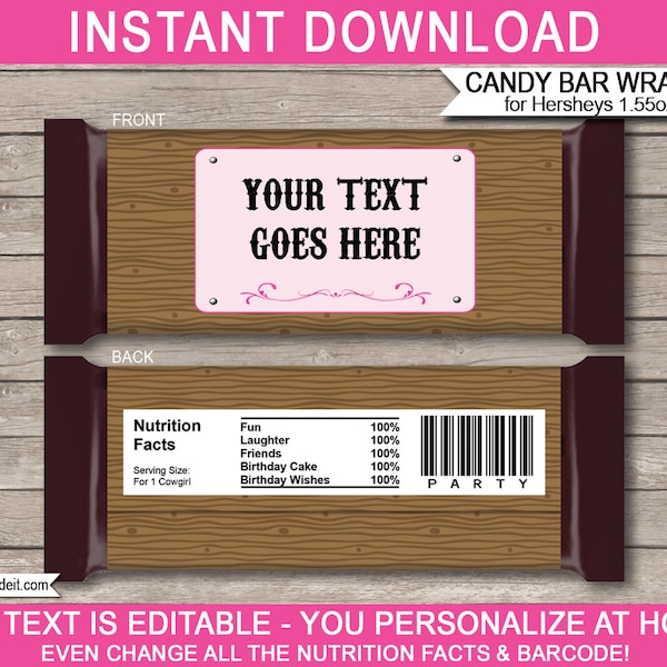 Cowgirl Candy Bar Wrappers Template - Printable Country Western Birthday Party Favors - Chocolate Labels - INSTANT DOWNLOAD - EDITABLE text