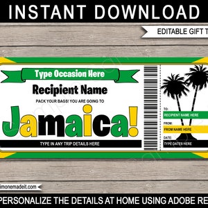 Jamaika Reiseticket Vorlage - Druckbare Bordkarte - Geschenkgutschein - Surprise Trip Reveal - INSTANT DOWNLOAD - Text EDITIERBAR
