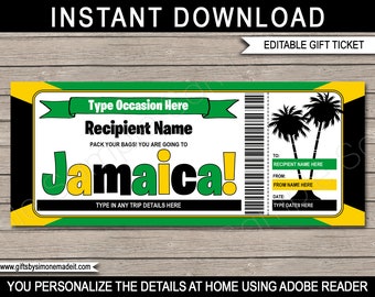 Jamaica Travel Ticket Template - Printable Boarding Pass - Gift Voucher - Surprise Trip Reveal - INSTANT DOWNLOAD - Text EDITABLE