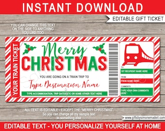 Train Ticket Template Travel Gift Voucher Pass - Christmas Gift Trip Reveal - Fake Boarding Pass - INSTANT DOWNLOAD with EDITABLE text