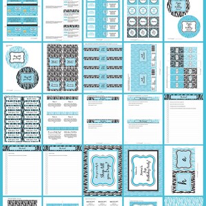 May include: A printable party pack with a zebra print theme. The pack includes invitations, gift tags, game cards, and other party supplies. The text "Shop till you drop!" is featured on several of the printable items.