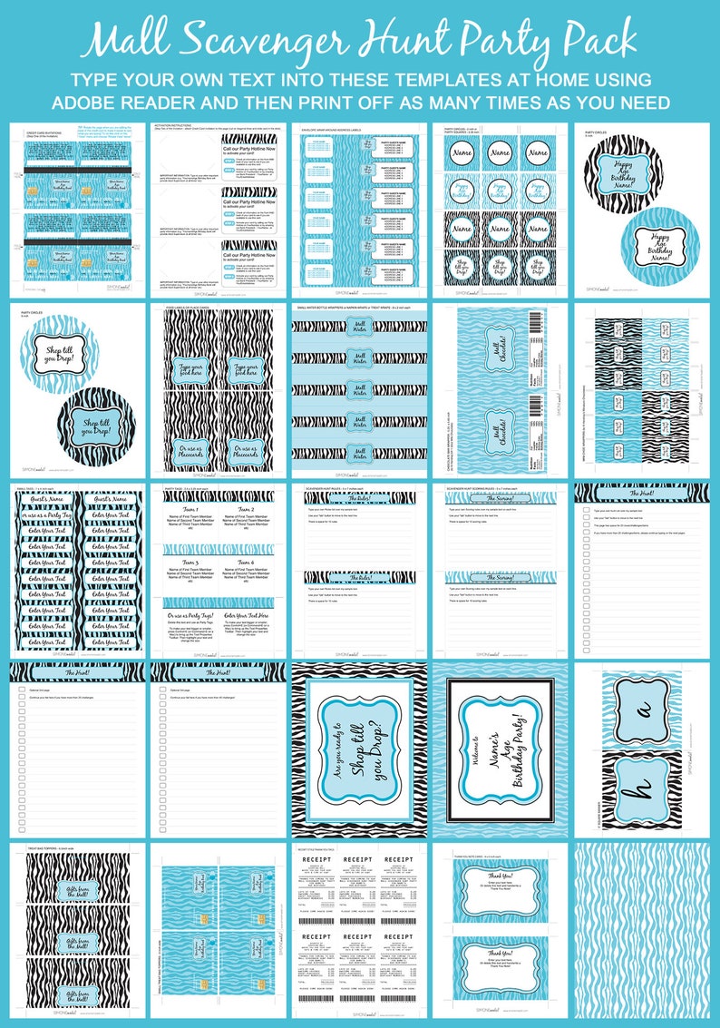 May include: A printable party pack with a zebra print theme. The pack includes invitations, gift tags, game cards, and other party supplies. The text "Shop till you drop!" is featured on several of the printable items.