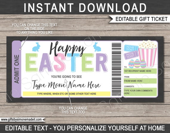 Easter Movie Ticket Template Gift Voucher Certificate Card - Movie Night Family Friends - Cinema Premier - INSTANT DOWNLOAD - EDITABLE text Il_570xn