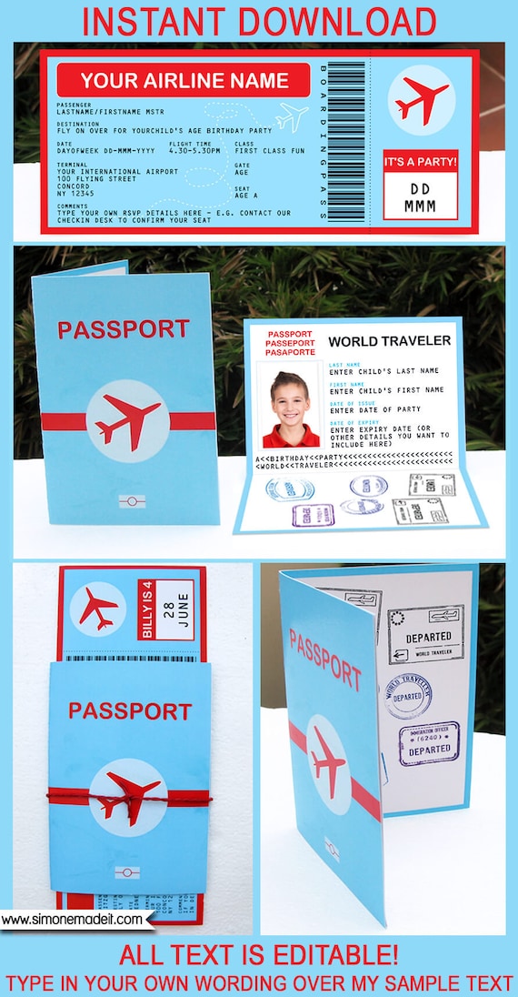 Airplane Birthday Party Invitation Decorations Printable Boarding Pass Passport - full Package - INSTANT DOWNLOAD - EDITABLE text - you edit Il_570xn