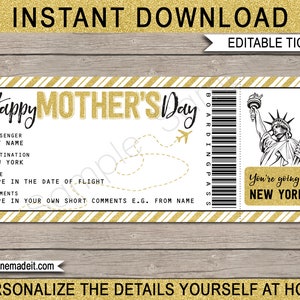 Cartão de embarque para o Dia das Mães de Nova York Bilhete de avião falso - Viagem surpresa para Nova York - Modelo para impressão - DOWNLOAD INSTANTÂNEO com texto EDITÁVEL