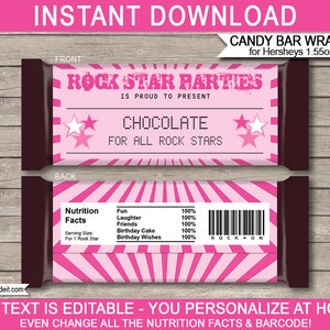 Rockstar Candy Bar Wrappers Template - Printable Concert Theme Birthday Party Favors - Chocolate Labels - INSTANT DOWNLOAD - EDITABLE text