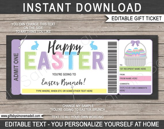 Easter Brunch Voucher Template Gift Certificate Template - Printable Lunch Ticket - Easter Egg Basket - INSTANT DOWNLOAD with EDITABLE text Il_570xn