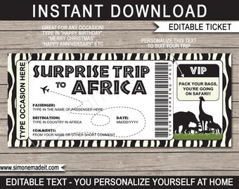 Surprise Africa Trip Boarding Pass Ticket Template - Surprise Africa Safari Trip Reveal - Plane Airplane Flight - Editable INSTANT DOWNLOAD