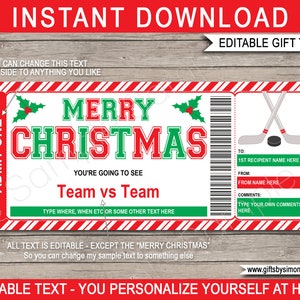 Hockey Ticket Vorlage Weihnachtsgeschenk - Überraschungs Spiel Ticket - Geschenkgutschein Zertifikat - INSTANT DOWNLOAD zum ausdrucken mit EDITIERBARE Text