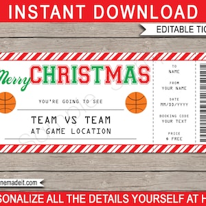 Basketball Game Ticket Weihnachtsgeschenk Vorlage - Druckbare Überraschungs Spiel Geschenkgutschein Zertifikat - INSTANT DOWNLOAD - EDITIERBARER Text