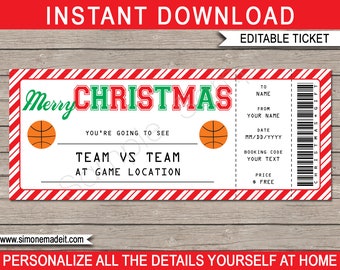 Basketball Game Ticket Christmas Gift Template - Printable Surprise Game Gift Voucher Certificate - INSTANT DOWNLOAD - EDITABLE text