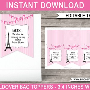 Paris Favor Tag Toppers - Paris Theme Birthday Party Favors - Printable Template - 3.4 inches wide - INSTANT DOWNLOAD with EDITABLE text
