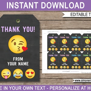 Emoji Favor Tags Template - Printable Emojional Theme Birthday Party Thank You Tags - Emoticon Gift - INSTANT DOWNLOAD with EDITABLE text