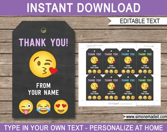 Emoji Favor Tags Template - Printable Emojional Theme Birthday Party Thank You Tags - Emoticon Gift - INSTANT DOWNLOAD with EDITABLE text