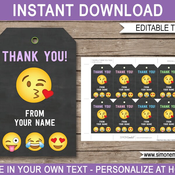 Emoji Birthday Favor Tags: Printable Thank You Gift Tags (INSTANT DOWNLOAD)