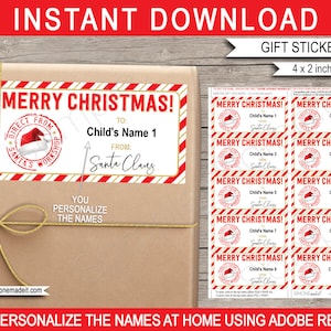 Modelo para impressão de etiquetas para presente do Papai Noel - direto da oficina do Papai Noel Etiquetas personalizadas - Papai Noel - DOWNLOAD INSTANTÂNEO - Nomes EDITÁVEIS