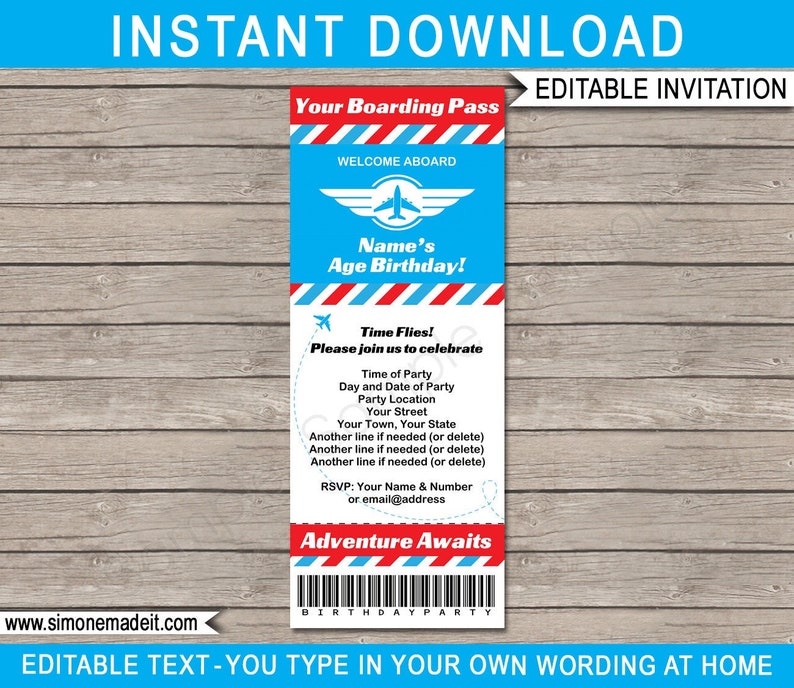 May include: Editable airplane-themed birthday party invitation with blue and red stripes, a plane icon, and the text "Your Boarding Pass", "Welcome Aboard", "Name's Age Birthday!" and "Adventure Awaits".
