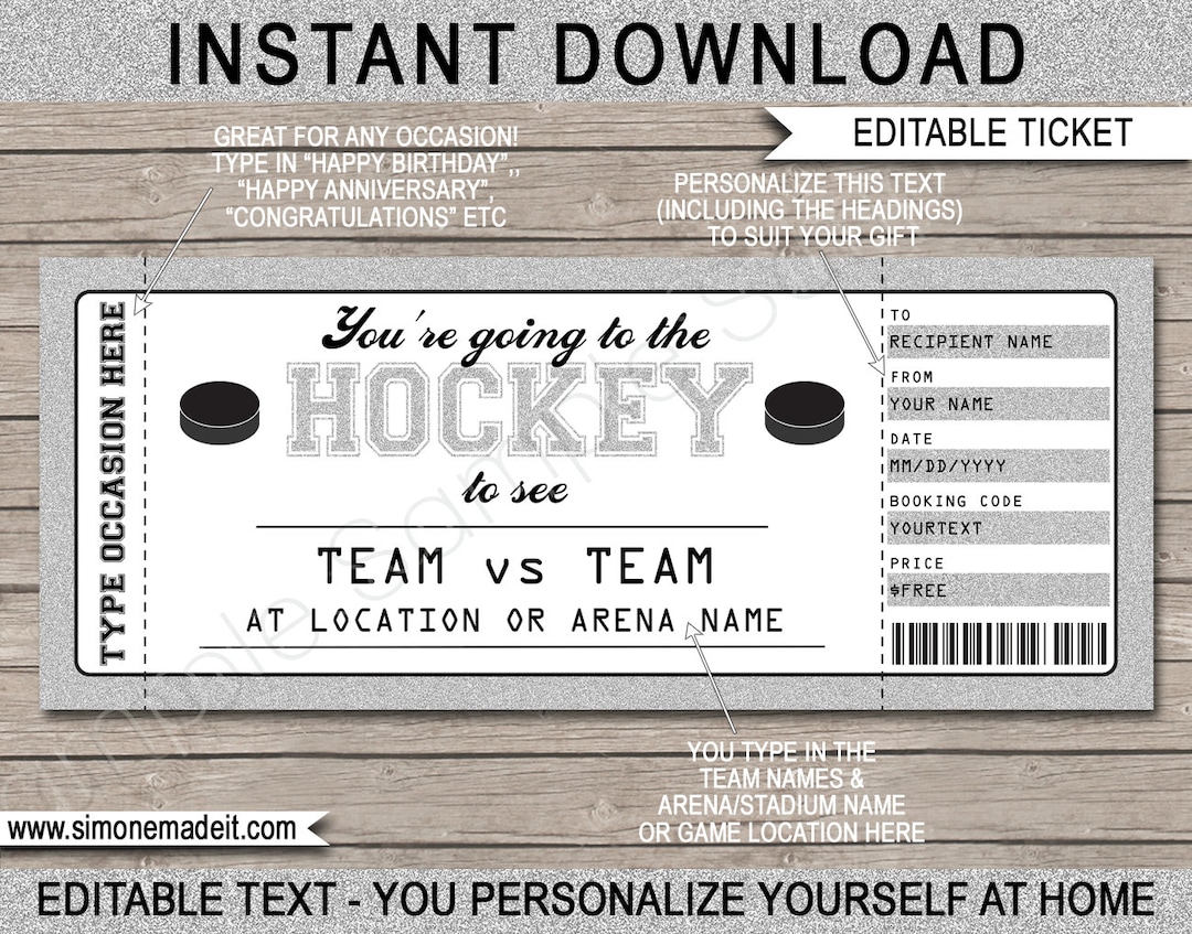Hockey Spiel Ticket Geschenk Gutschein druckbare Vorlage Surprise