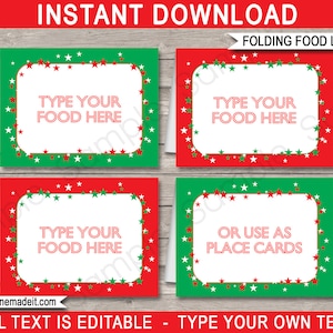 May include: Four printable red and green food labels with white text and a white border. The labels have a red and green star pattern. The text on the labels reads "Type your food here" and "Or use as place cards".