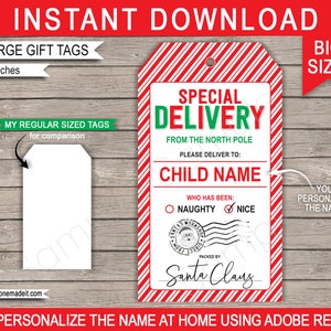 Große Santa Tags bearbeitbare druckbare Vorlage - Weihnachtsgeschenk Spezielle Lieferung Nordpol Lieferung Etikett - INSTANT DOWNLOAD - EDITIERBARER Name