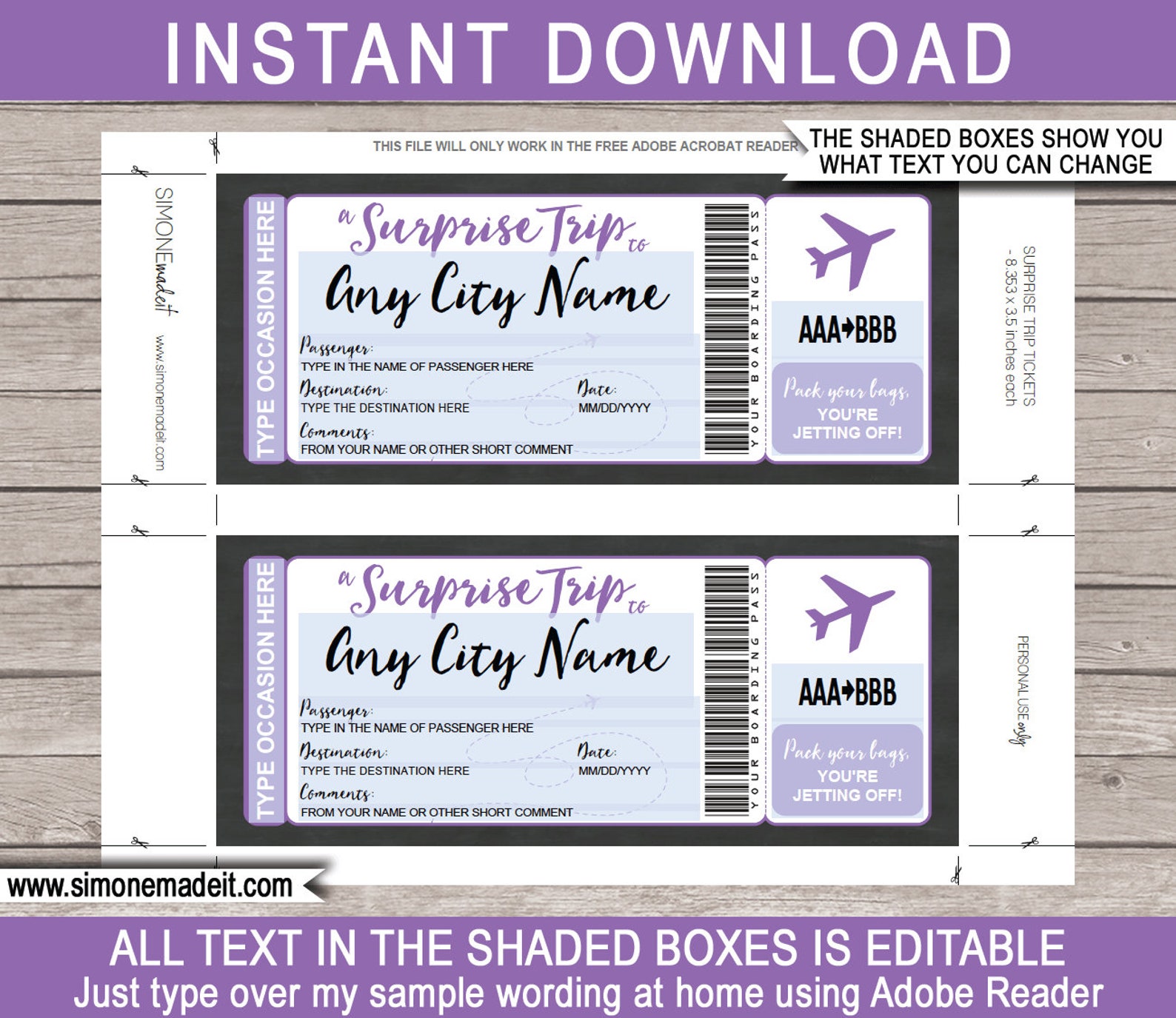 Editable Plane Ticket Surprise Trip Printable Boarding Pass - Etsy