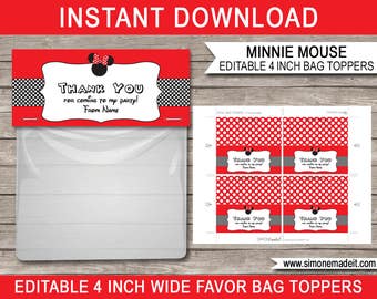 Minnie Maus Favor Bag Toppers: Bearbeitbare Geburtstagspartydekoration (Digitaler Download)