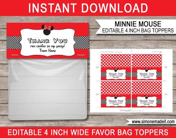 Minnie Mouse Favor Bag Toppers Template - Printable Birthday Party Decorations - 4 inch - INSTANT DOWNLOAD - EDITABLE text Il_570xn