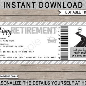 Retirement Road Trip Reveal Ticket: Editable Printable (Instant Download)