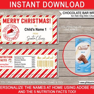 Puede incluir: Envoltorios de barras de chocolate con temática navideña, con un diseño de rayas rojas y blancas. Los envoltorios presentan el texto "Merry Christmas!" y espacio para personalización. Incluye una imagen de muestra de una barra de chocolate.