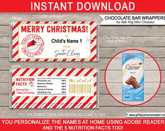 Christmas Chocolate Bar Wrapper from Santa Printable Template - Gift Tags Labels - INSTANT DOWNLOAD with EDITABLE Names, Nutrition Facts