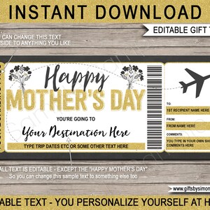 Modelo de bilhete de avião para o dia das mães - viagem surpresa para impressão, ideia de presente, destino - DOWNLOAD INSTANTÂNEO, texto EDITÁVEL