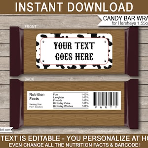 Cowboy Candy Bar Wrappers Template - Printable Country Western Birthday Party Favors - Chocolate Labels - INSTANT DOWNLOAD - EDITABLE text