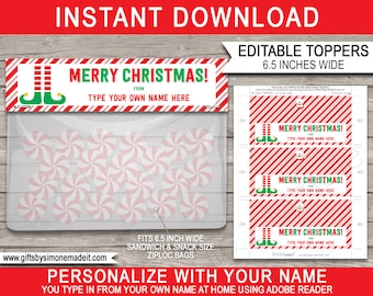 Christmas Treat Bag Toppers Template - Printable Elf Labels Tags - North Pole - Custom Personalized - INSTANT DOWNLOAD - EDITABLE Names