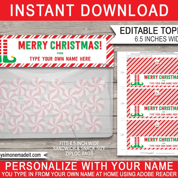 Christmas Bag Toppers Template - Treats - Printable Elf Labels Tags - North Pole - Custom Personalized - INSTANT DOWNLOAD - EDITABLE Names