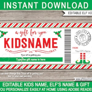 Elf voucher sjabloon voor kinderen - afdrukbare gepersonaliseerde kerstcadeaukaart certificaat couponticket - INSTANT DOWNLOAD - BEWERKBARE namen