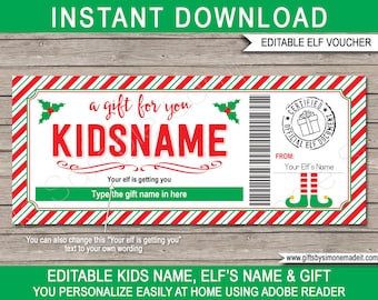 Elf Voucher Template for Kids - Printable Personalized Christmas Gift Card Certificate Coupon Ticket - INSTANT DOWNLOAD - EDITABLE Names