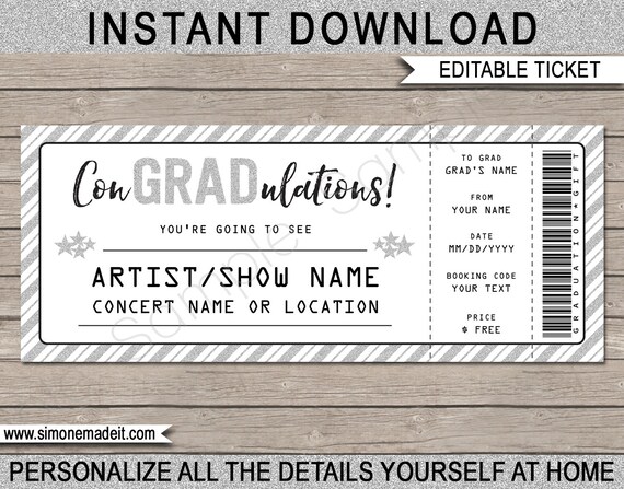 Concert Ticket Graduation Gift - Printable Voucher to a Show, Music Festival, Band, Performance - INSTANT DOWNLOAD with EDITABLE text Il_570xn