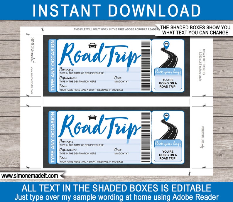 printable editable road trip ticket gift template surprise