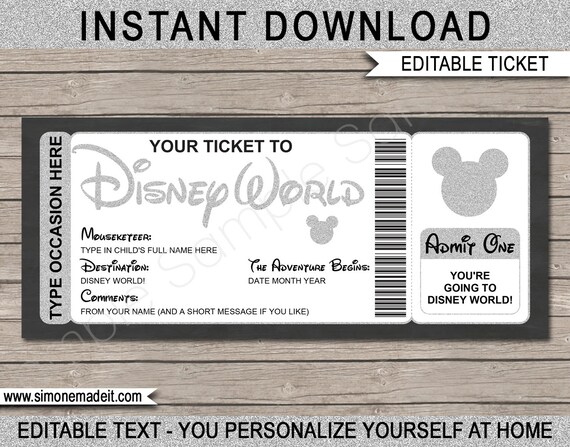 disney world ticket printable template gift surprise